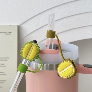 Detail of durable silicone durian straw topper cap for reusable glass drinking straws