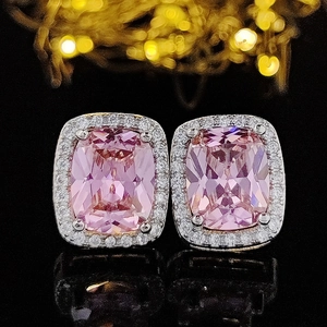 Exquisite square pink zircon halo stud earrings with micro-pave crystals for women