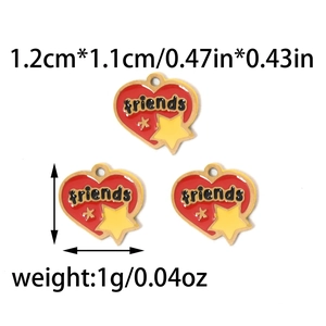 Detailed size and weight view of three 304 stainless steel heart charms with friends text
