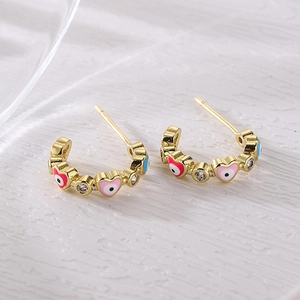 18K gold plated C-shaped heart evil eye earrings with pink blue enamel and sparkling zircons