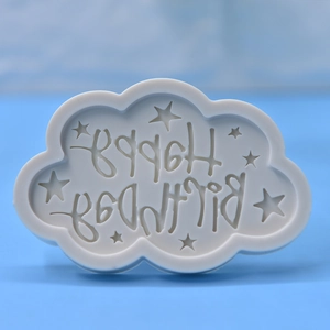 Cloud shaped white silicone mold with Happy Birthday and star pattern for cake baking