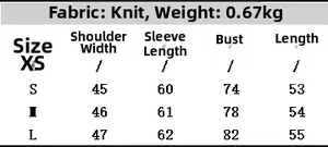 Detailed size chart for women's zip-up ribbed knit jacket with measurements in cm