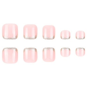 Pink press-on toenails with silver glitter French tips, 24 pieces set in square shape