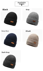 Detailed close-up of colorful winter knit beanies featuring leather logo patches