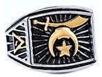 Detail of silver ring with gold crescent moon, star, and scimitar emblem for men