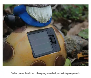 Close-up of the solar panel and ON/OFF switch on the resin garden gnome sculpture