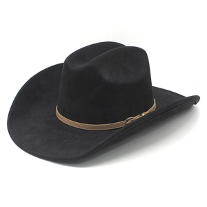 Classic black wool felt cowboy hat with a brown leather belt and gold metal buckle