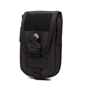 Black tactical waist pouch made of high-density nylon with buckle closure and Molle system