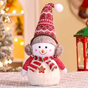 Detail of a large plush Christmas snowman doll featuring knitted textures and welcome star