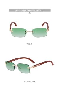 Front and side view of gold rimless sunglasses with gradient green lenses and wood grain arms