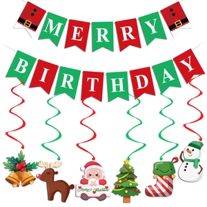 Christmas Merry Birthday Banner And Hanging Swirls Red Green Paper Garland For Xmas Party Home Wall Decorations