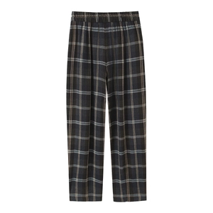 Plaid wide-leg casual pants in dark checkered pattern with comfortable elastic waist
