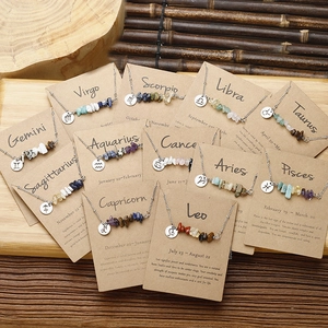 Natural 12 Zodiac stone necklaces with stainless steel pendants on a wooden display tray