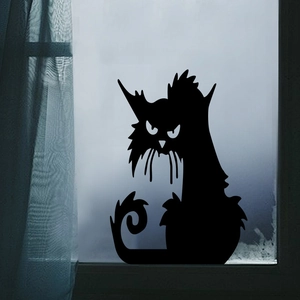 Sticker fenêtre silhouette chat noir Halloween avec décor effrayant en PVC mat