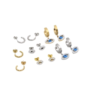 Hip hop evil eye stud earrings set with zircon in gold and silver plating