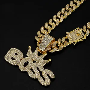 Crown Letter Pendant Necklace Alloy Rhinestone Iced Out Cuban Link Chain Hip Hop Style For Men