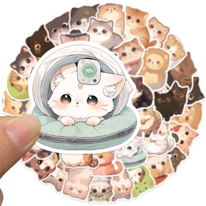 Detailed close-up of waterproof cartoon cat stickers showing texture and astronaut cat design