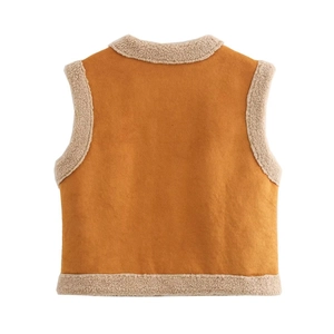 Brown faux suede vest with fleece lining shown from the back in a flat lay view