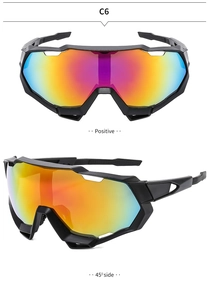 Dual view of outdoor cycling sunglasses with colorful coated lenses and black frames