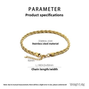 Detailed view of golden stainless steel twist chain bracelet with size measurements