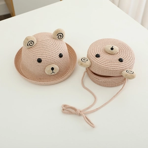 Ensemble chapeau de paille et sac bandoulière pour enfant avec oreilles d'ours 3D