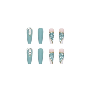 Faux ongles vert brume à carreaux avec strass et perles, style ballerine élégante