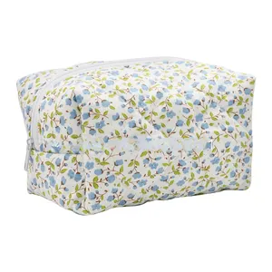 Close-up of quilted cosmetic bag featuring vintage blue floral patterns and metal zipper