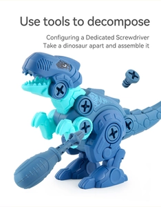 Detail of blue T-Rex DIY assembly dinosaur toy with screwdriver for building fun