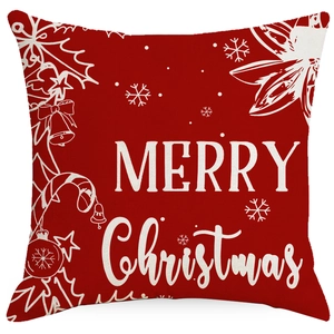 Red Christmas linen pillow cover with festive white snowflake prints and Merry Christmas text
