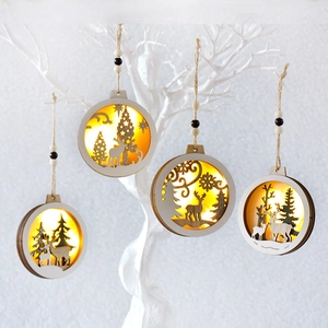 Christmas Wooden LED Luminous Hanging Ornament Round Hollow Reindeer Forest Pendant Tree Home Holiday Decor