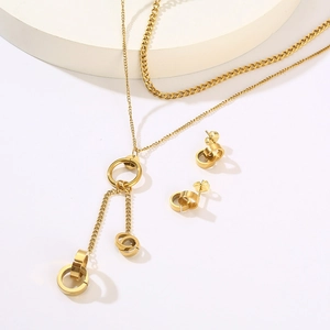 18K gold plated stainless steel jewelry set with double layer necklace and hoop earrings