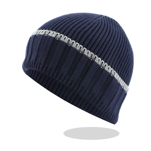 Navy blue ribbed knit beanie for men with grey stripe accent for winter warmth