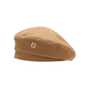 Elegant camel wool beret for women with a vintage gold-toned metal C letter pin accessory.
