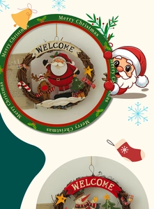 Detail of rustic rattan Christmas wreath with Welcome sign and wooden holiday figurines