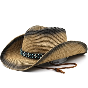 Western straw sun hat with gradient brown finish and turquoise beaded band details