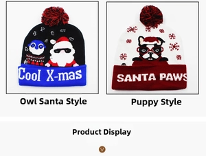 Detail view of LED Christmas beanies featuring Santa and dog designs with on/off switch