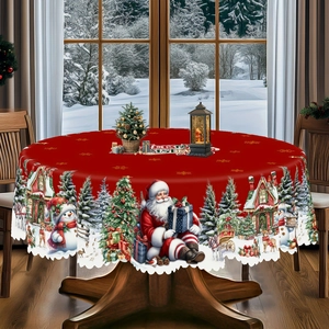 Round red Christmas tablecloth with Santa and snowman patterns for festive dining decor