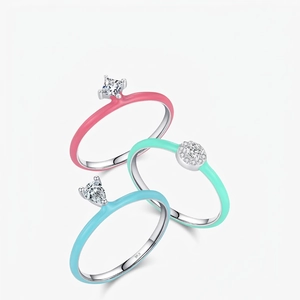 925 Sterling Silver Candy Color Enamel Ring For Women Sweet Geometric Rhinestone Inlaid Stackable Finger Ring Jewelry