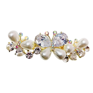 Elegant butterfly crystal hair clip with baroque pearls and rhinestones on gold base