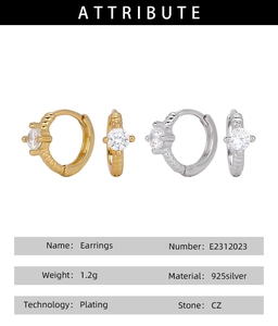Detailed attribute chart for S925 sterling silver earrings with CZ stones plating info