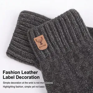 Guanti invernali uomo in maglia grigio nero con toppa in pelle di renna e touchscreen