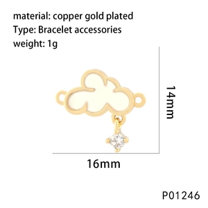 Detail of white enamel cloud charm in gold plated copper with clear crystal drop