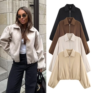 Detail view of stylish zip-up bomber jackets in black, brown, beige, and khaki colors