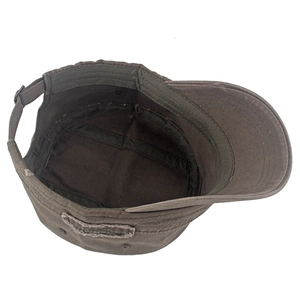 Internal view of olive green cotton cadet hat showing lining and metal buckle strap