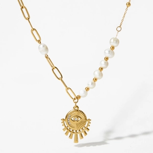 Gold-plated stainless steel necklace with natural pearl accents and zircon sun pendant