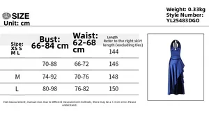 Size guide for blue deep V-neck halter backless slit maxi dress showing CM measurements