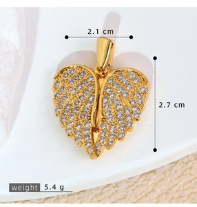 Macro shot of micro-pave heart wing pendant showing 2.1cm width and 2.7cm height