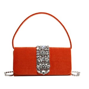 Elegant orange velvet evening bag with crystal rhinestones and silver chain strap