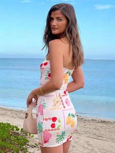 Sexy strapless slim fit mini dress with vibrant fruit and palm tree summer print