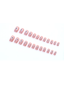 Kurze eckige Press-on-Nägel in Nudepink mit weißen Blumenmustern und kleinen Punkten
